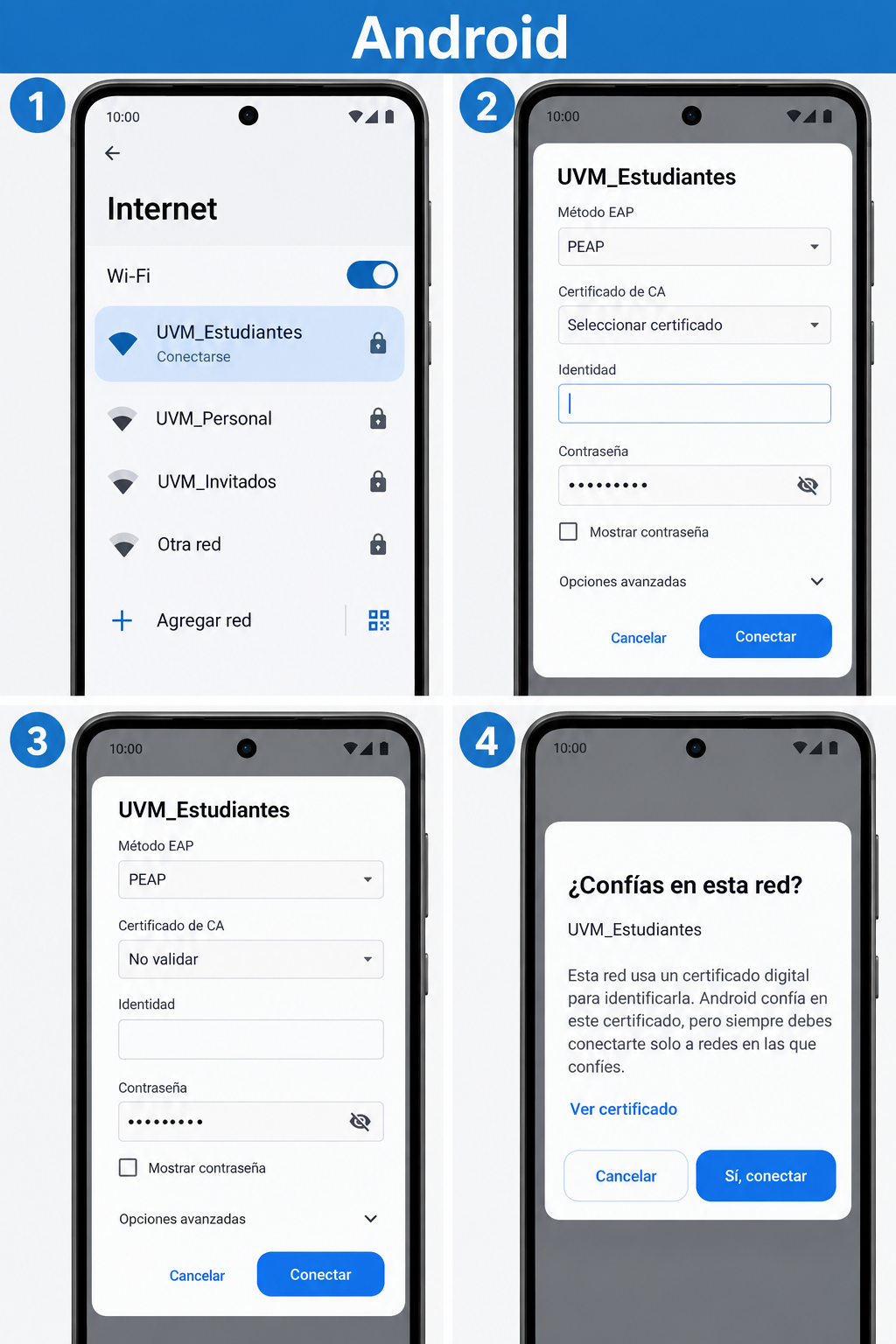 Pantallas de Android para seleccionar UVM_Estudiantes, escribir identidad y contraseña, y aceptar el certificado