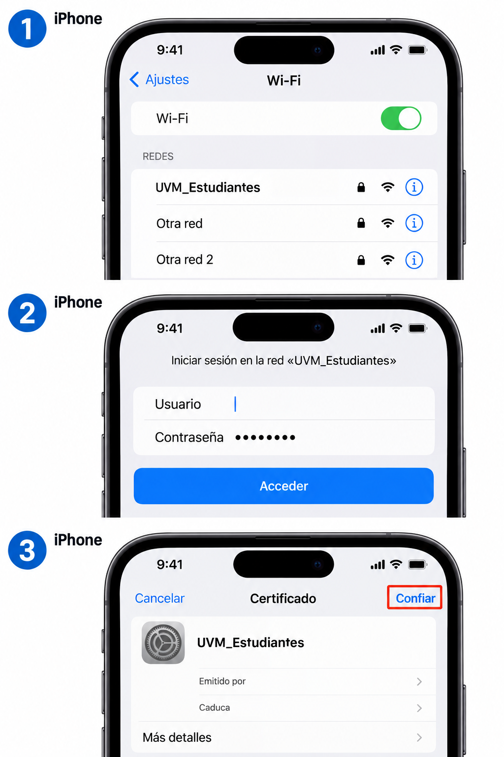 Pantallas de iPhone para seleccionar UVM_Estudiantes, escribir usuario y contraseña, y confiar en el certificado